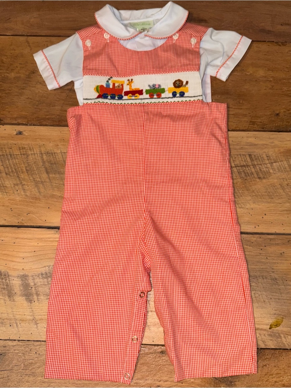 Be Mine Infant Boys Smocked 2 piece train set size 12 months gingham red romper - Picture 3 of 4